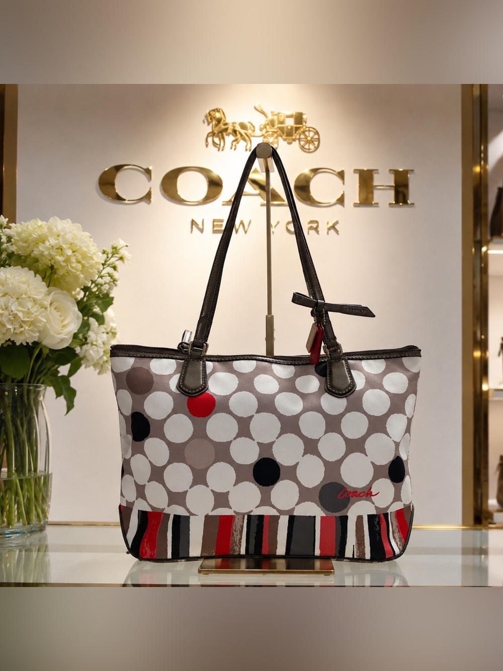Coach 2013 Poppy Collection Polka Dot Stripe Canvas Tote Bag